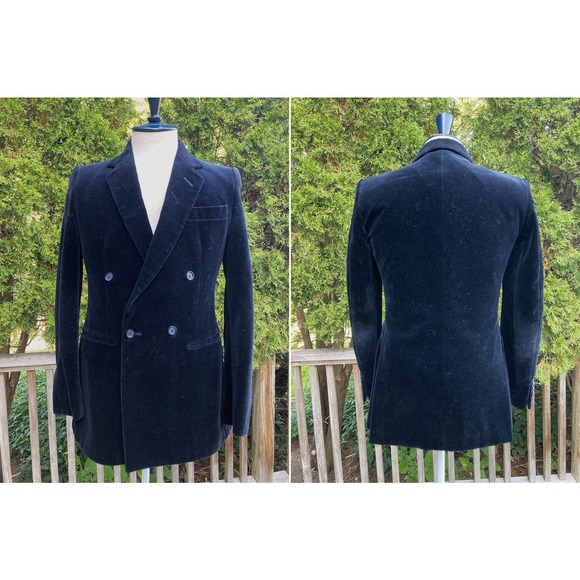 Size 36 Double Breasted Velvet Sport Coat Dinner Blazer Jacket Black Vintage 80s - Picture 1 of 4